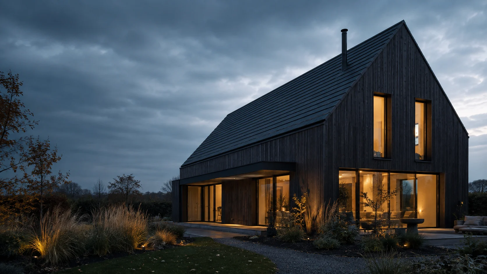 Sfeerimpressie van een moderne woning bij avondlicht